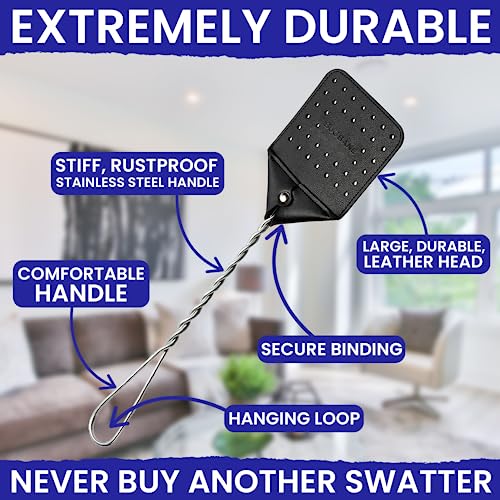 image for BugBane 2 Leather Fly Swatter for Indoors. Long Handle, Heavy Duty Fly