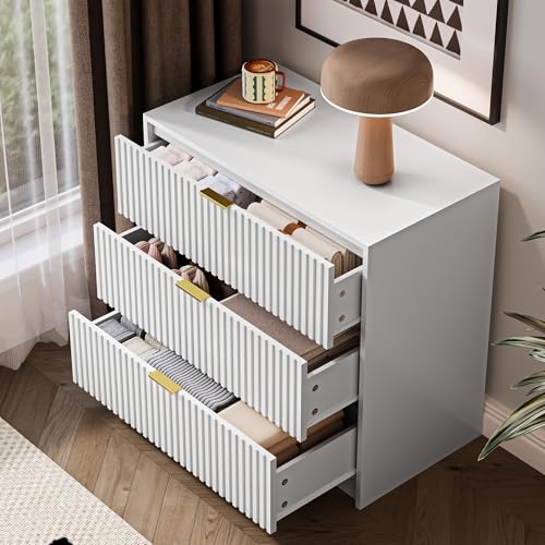 Image of MAISONARIA White Fluted Dresser for Bedroom, 32 Inch Wide Nightstand with Large Drawer, 3 Drawer End Table for Bedroom, Living Rooms, Offices, and Entryways