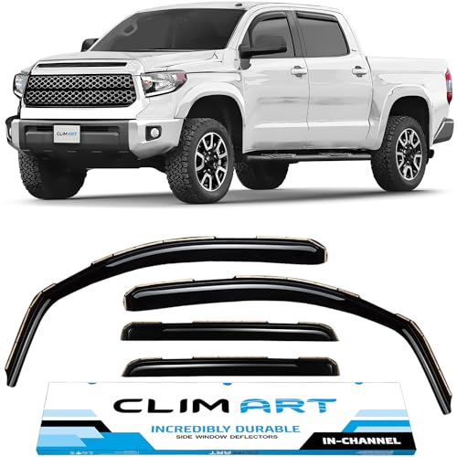 CLIM ART in-Channel Incredibly Durable Rain Guards for Toyota Tundra 2007-2021 CrewMax, Original Window Deflectors, Vent Deflector, Vent Window Visors, Dark Smoke Truck Accessories, 4 pcs- 607066