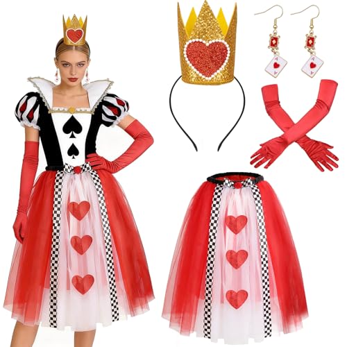 Beipegin Costume Reine de Coeur Couronne Reine Costume Casino Robe Jupe Coeur Boucles d'oreilles...