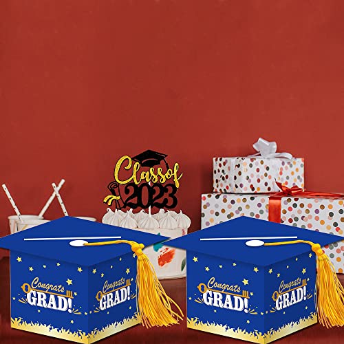 Image of 2026 Graduation Party Card Box, Blue Gold Congrats Cap Card Holder Box with Tassel for 2026 Graduation Party Decoration