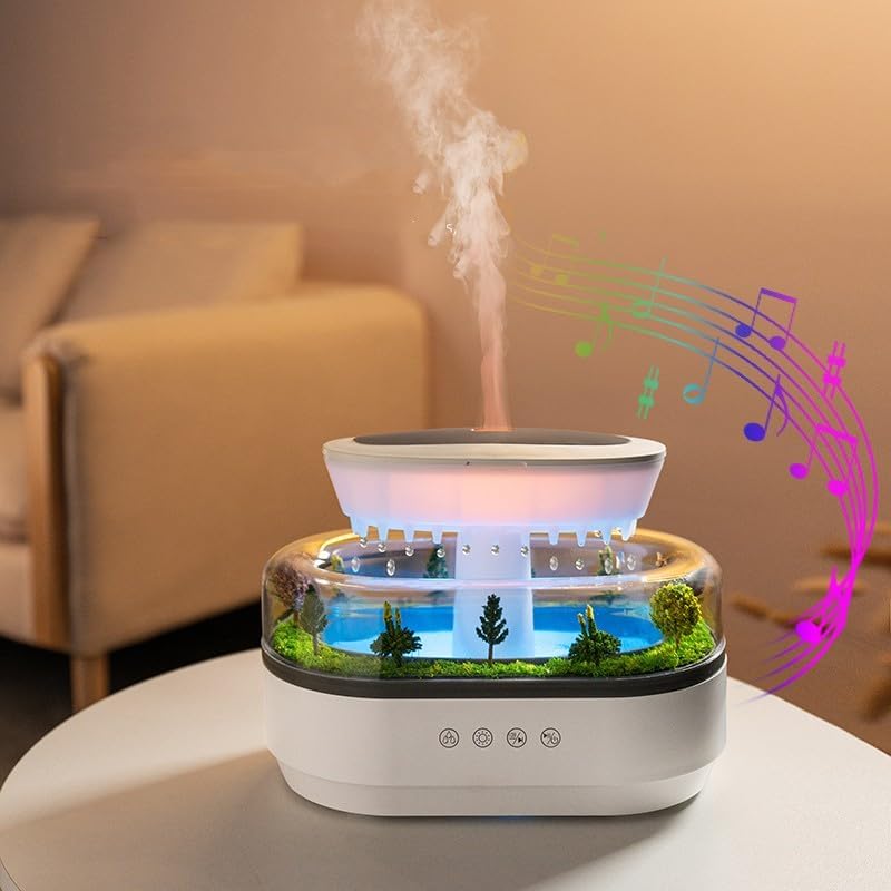 Humidificador de gotas de lluvia mejorado con ruido blanco natural y diseño de paisaje, difusor de escritorio de 7 LED que cambian de colores para