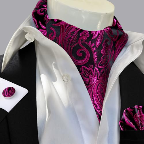 Image of DiBanGu 3PCS Ascot Ties for Men Wedding Jacquard Woven Silk Ascot Cravat for Men Cravat Tie and Pocket Square Set