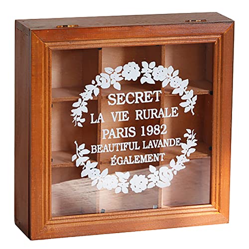 9-Slot Mini Wooden Storage Box with Glass Cover (9.44x9.44x2.8in) Collectibles Display Case - Square Wood Organizer Box with Dividers - Storage & Organizer Case for Tea, Essential Oils, Spices & More