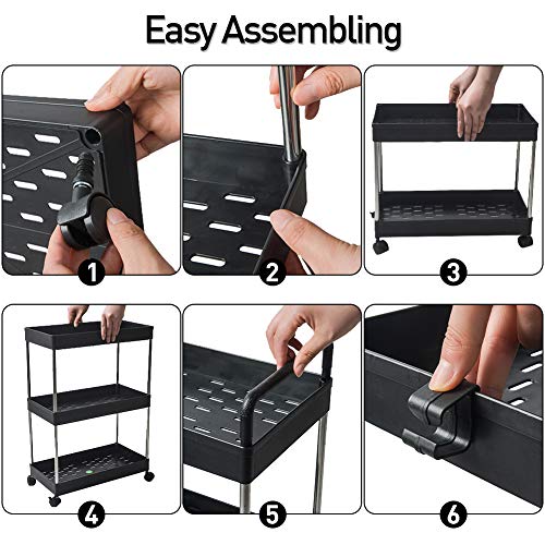 SOLEJAZZ Rolling Storage Cart, 4 Tier Bathroom Organizer Slide Out Utility Cart, Mobile Shelving Unit Organizer Standing Rack for Kitchen, Bathroom, Laundry Room, Black