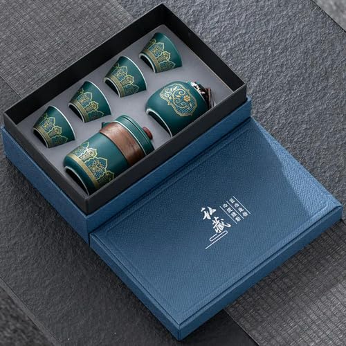 Geschenke Teekanne Teekanne Set Tasse, eine Kanne, vier, tragbares Reise-Teeset, Keramik, Kung-Fu-Topf, Geschenkbox(Green-1 Set)