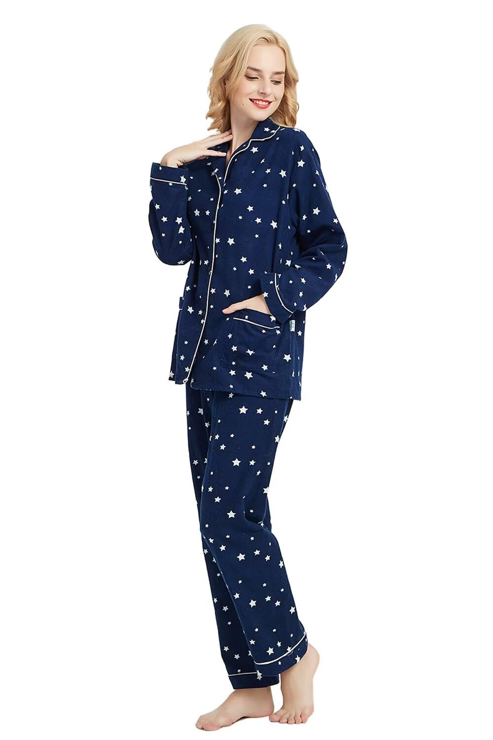 GLOBAL Pijamas Mujer Franela, Pijamas Algodon Mujer Largos, Conjunto de Pijama Suave y Cómodo, Camisones Mujer Botones, Cintura Elástica Ajustable，Regalo Mujeres,