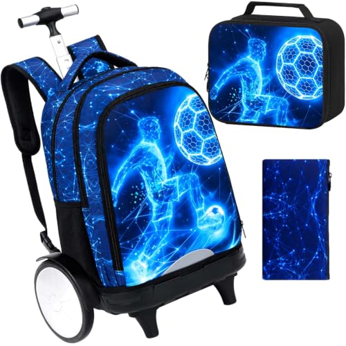 HPJGD Big-Wheel Rolling Backpack for Boys with Lunch Box & Pencil Case - 3-Pack Travel Set Featuring Tech-Style Soccer Player Design, Water-Resistant & Reflective Wheeled Bookbag for School/Trips