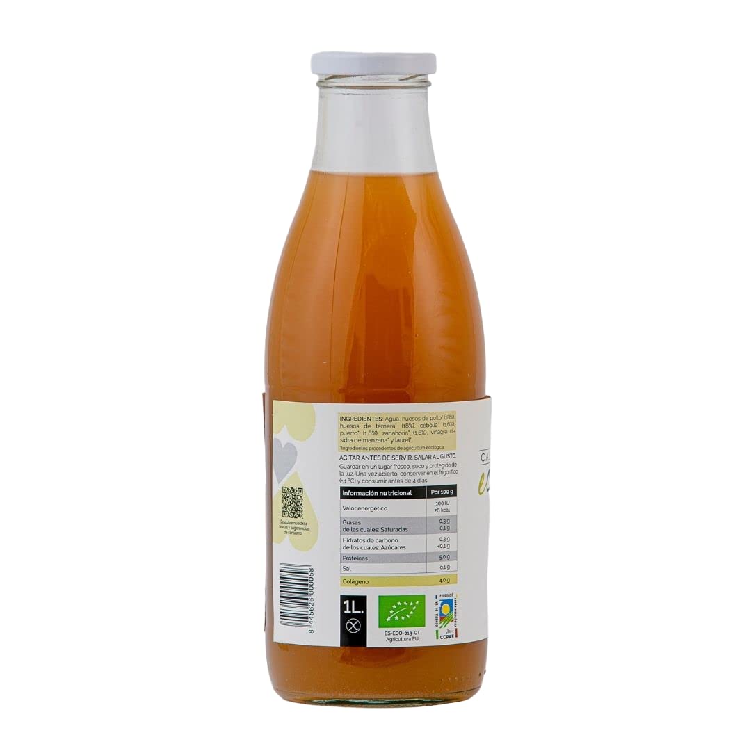 Pack de 6 Botellas (6x1 litro) de Caldo de Huesos Ecológico de Pollo y Ternera sin Sal | Ecolagen | 1 litro de Caldo de Huesos por Botella | Alto Contenido en Colágeno y Aminoácidos