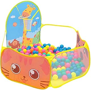 BabyGo Kids Activity Basketball Giraffe Ball Pool for Kids, Play Tent House for 2+ Year Old Girls and Boys, Ball Pit for Kid, Spacious, Lightweight, Portable & Easy to Set Up (Yellow) (No Balls)