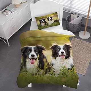 HOMHOMHA Dog Duvet Cover Set 3D Printed Two Cute Border Collie Lying on the Grass Duvet Cover Set Zipper Closure Puppy Smile Bedspread Bedroom Bed Bedding SetSingle Size