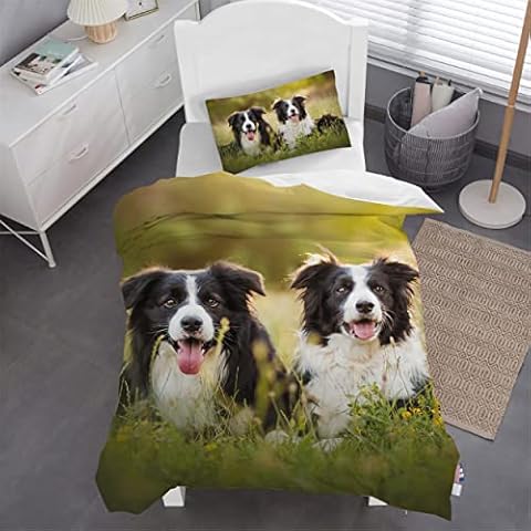 HOMHOMHA Dog Duvet Cover Set 3D Printed Two Cute Border Collie Lying on the Grass Duvet Cover Set Zipper Closure Puppy Smile Bedspread Bedroom Bed Bedding Set,Single Size Cover