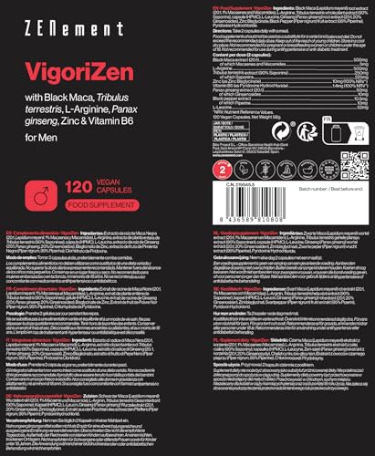 VigoriZen met Zwarte Maca, Tribulus terrestris, L-Arginine, Ginseng, Zink en Vitamine B6 – Testosteron & Energie Metabolisme voor Mannen – 120 Veganistische Capsules – Zenement - Afbeelding 5
