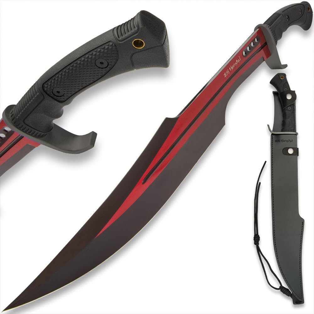 Honshu Spartan Sword and Scabbard - Red | Battle Ready Full Tang | Damascus Steel Blade - 16.5” Length | Real Swords for Adults | Self Defense Weapons | Tactical Sword - 23” Overall