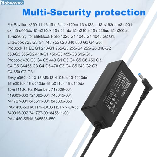 Riabwwox 45W Laptop Charger Compatible with HP Pavilion 11 13 15, ProBook 430 455 440, Stream 11 13 14, Elitebook 830 840 850, Chromebook 11 14, Envy, Spectre UK Blue Tip AC Adapter Power (4.5 X 3mm) - Image 5