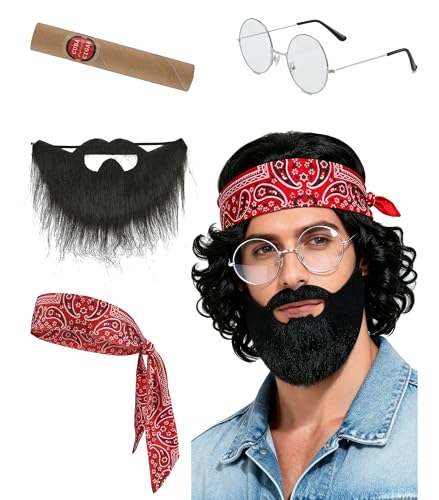 hyunhsun 4pc Halloween Men Costume Kit Bandana Glasses Beard Mustaches Accessory