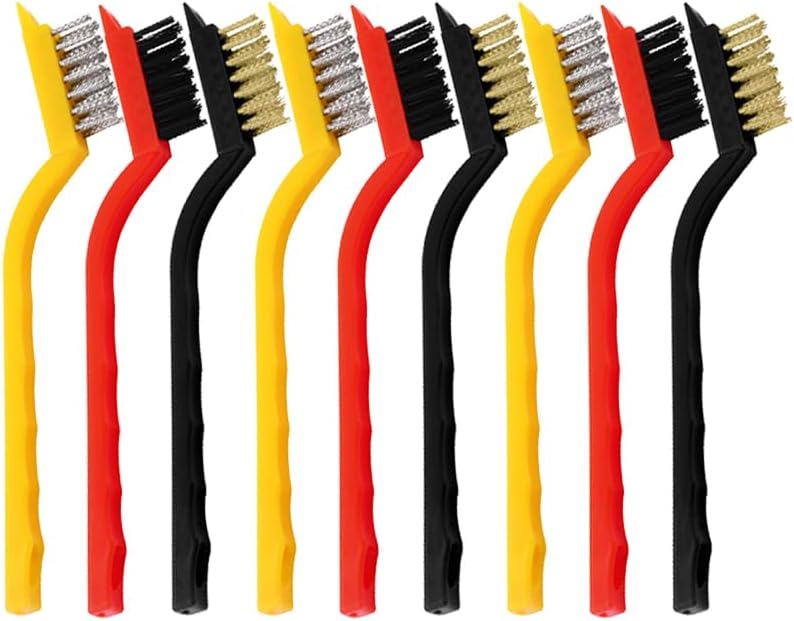 Lonimia 9 Pcs Multifunction Wire Brush Set,Stainless Steel/Brass/Nylon Brush Deep Cleans, Curved Handle Scratch Brush for Automotive, Cleaning Welding Slag and Rust
