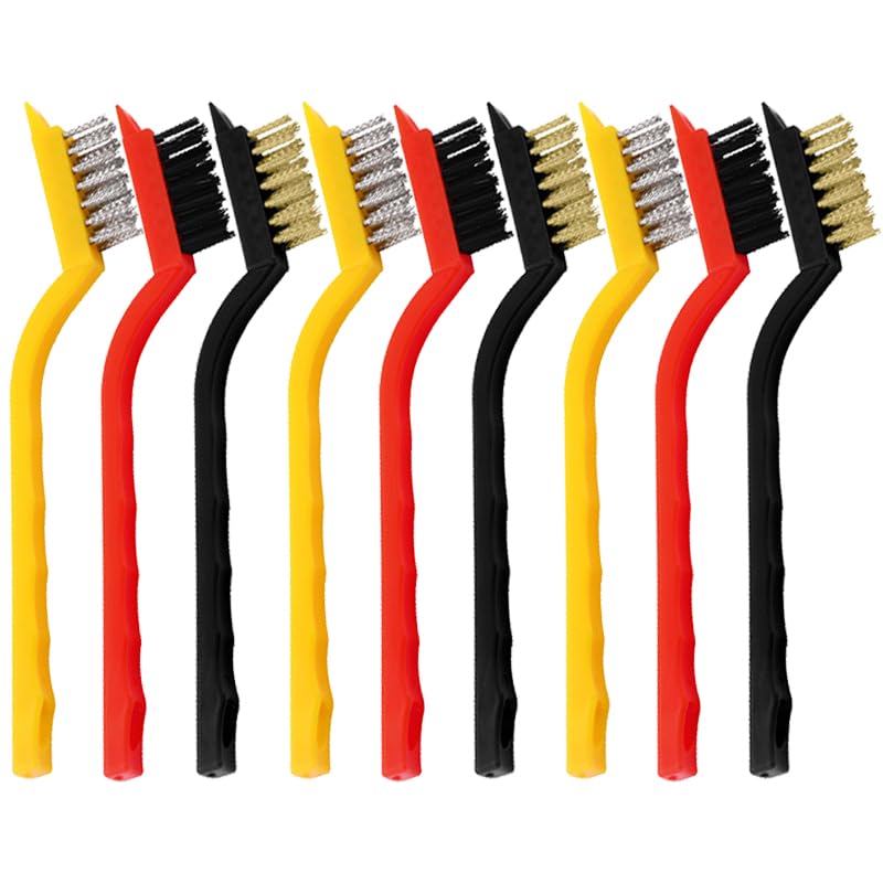 Lonimia 9 Pcs Multifunction Wire Brush Set,Stainless Steel/Brass/Nylon Brush Deep Cleans, Curved Handle Scratch Brush for Automotive, Cleaning Welding Slag and Rust