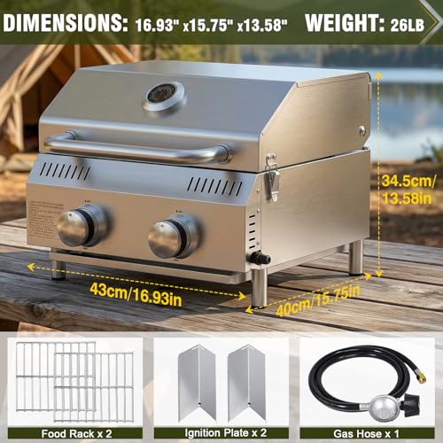 Image of Bestfire Tabletop 2-Burner Gas Grill, 20,000 BTU Stainless Steel Portable Propane Grill, Removable Legs, Push-Button Ignition, Thermometer, for Outdoor Patio, Camping, Tailgating & RV