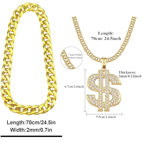 2 Pcs Dollar Sign Pendant Necklace Plastic Fake Chain Set Small Acrylic Hip Hop Rapper Faux Chunky Chain for 80s 90s Costume Jewelry Punk Style for Men Women2