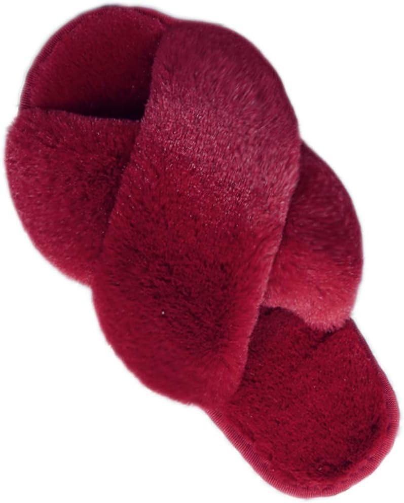 Women’s Cross Band Slippers, Soft Plush Fleece Lightweight Non Slip Open Toe Flip Flop Shoes House Indoor Outdoor Fur Fuzzy Slippers