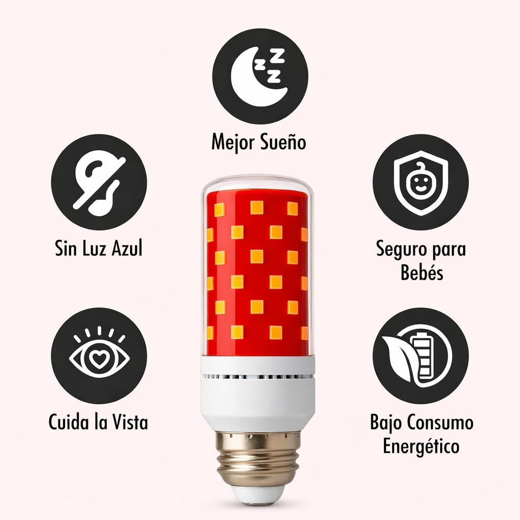 Bombilla Luz Roja Nocturna Melatonina E27 E14 – Pack 2 Bombillas Rojas Sin Luz Azul ni Flicker – Luz Roja Bebé, Lactancia, Descanso y Sueño Profundo