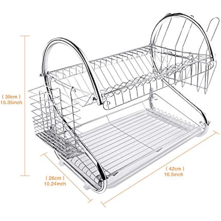 TREE.NB Over Sink Dish Drying Rack, 2 Tier Dish Drainer with Trays, Stainless Steel Utensil Holder Cup Holder Large Dish Rack Over Sink for Kitchen Counter