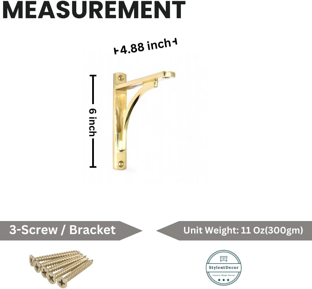 STYLENT Decor Brass Shelf Bracket | Antique Brackets for Shelving | Heavy Duty Vintage, DIY | L Shaped Wall Mounted Floating | (4.88 Pack of 1)