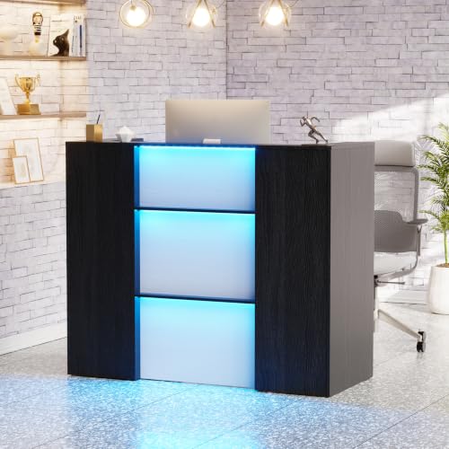 MSFE Mueble Recepción con LED, Mostrador de Recepción Grandes,Mesa de Oficina con Estantes Ajustables,Cajón con Cerradura,Mostrador de Tienda, 100X120X50cm,para Oficina,salón, cafetería, Negro