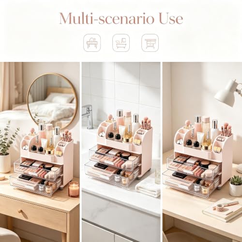 Image of Makeup Organizer with Drawers for Vanity,Bathroom Countertop Organizer with Brushes Holder,Skincare Storage Organizer for Lipsticks,Nail Polishes, Perfumes,Eyeshadow Palettes (Pink)