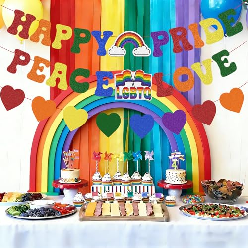 Image of Pre Strung Happy Pride Peace Love Banner Pride Month Decorations, Glitter Rainbow Sign for LGBTQ+ LGBT Party Lesbian Gay Bisexual Transgender Celebration Office Home Indoor Photo Props Backdrop Decor