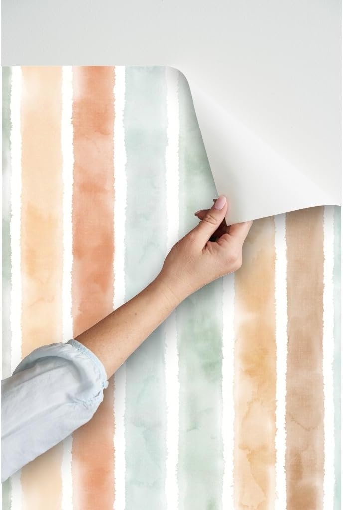 Peel & Stick Wallpaper 3ft x 2ft - Watercolor Stripes Mint Neutral Colors Vertical Lines Orange Green Custom Removable Wallpaper by Spoonflower