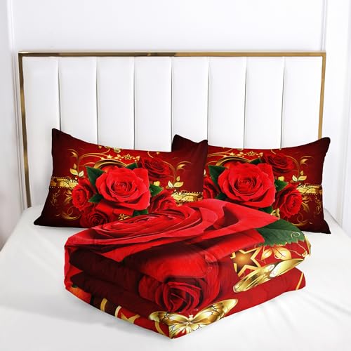Image of AILONEN Red Rose Comforter Set Queen Size, Romantic Love Floral Theme Bedding Set,Red Flower Couple Lover Comforter 3 Pieces Bed in a Bag, 1 Quilt and 2 Pillowcases