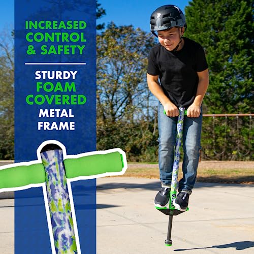 Image of Flybar Jolt Pogo Stick for Kids, Perfect for Beginners w / Foam-Covered Metal Frame, Handles & Padding, Non-Slip Foot Pads, Wide Tip, Outdoor Active Play Toy for Boys & Girls, Ages 6+, Green Tie Dye