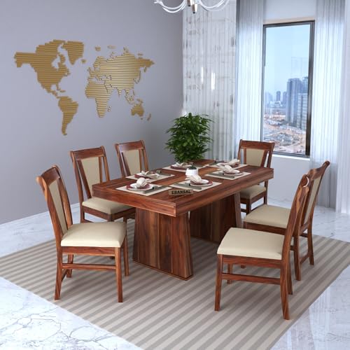Image of Solid Wood 6 Seater Dining Table | Sheesham Wood Six Seater Dining Table with Cushion Chairs | Wooden Furniture Dinner Table with 6 Chairs | Natural Finish with Cream Upholstery
