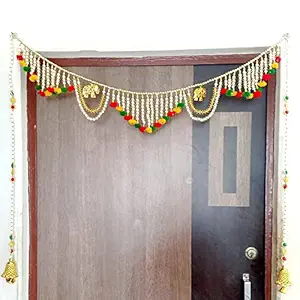 P.A.Traditional Handmade White Moti & Golden Elephant Jhumar Colorful Woolen Designs Main Door Hanging Toran,ToranamBandarwal Decor with Long 2Latkan Set.[3.2FT]