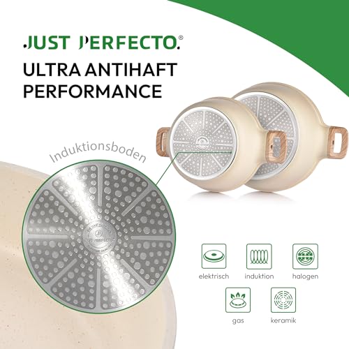 Foto von JUST PERFECTO Topf und Pfannenset Induktion - Pfannenset mit deckel - Induktions Töpfe Set - Töpfe und pfannen set ohne PTFE und PFOA - Kochtopfset induktion (15-Teilig Beige)