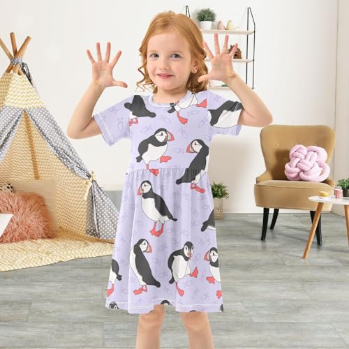 Aflyko Natural Girls Short Sleeve Dress Puffin Bird Fish Toddler Everyday Dresses4