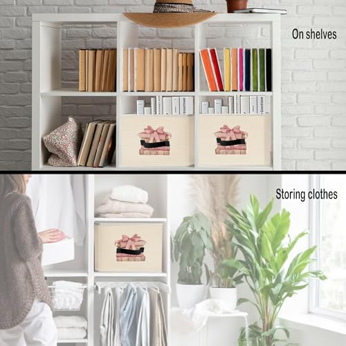Image of Coquette Pink Bow Book Storage Bins, Preppy Aesthetic Bookish Collapsible Fabric Storage Basket Organizer for Clothes Toys Books Girls Room Dorm Bedroom