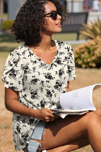Image of CATHY 2026 Women Tops Summer Short Sleeve Tunic V Neck T-Shirts Loose Casual Floral Blouse S-4XL