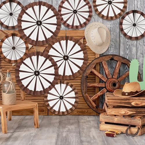 Image of Outus 27 Pcs Western Cowboy Party Decorations Paper Fans Wagon Wheels Straw Hay Bales Hanging Ceiling Wall Decor for Country Western Themed Rodeo Farm Birthday Party Supplies(Wagon Wheels)