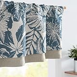 jinchan Linen Curtain Kitchen Valance for Windows Tropical Leaf Printed Valance for Living Room Bathroom Bedroom Blackout Country Farmhouse Kitchen Curtain 16 Inch Rod Pocket 1 Panel Blue on Beige