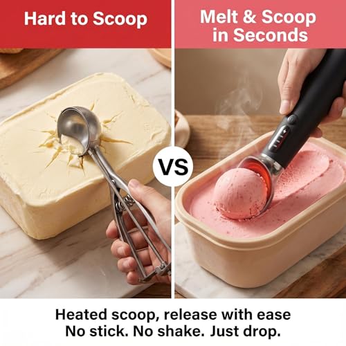 Electric Heated Ice Cream Scoop, Fast Heating with 3 Temp Settings (120/140/160°F), Rechargeable 2600mAh Battery, LED Display, IPX7 Waterproof, Ergonomic Non-Slip Handle for Rock-Hard Ice Cream — view 2