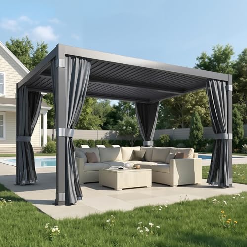 MELLCOM Louvered Pergola 10x12, Aluminum Pergola with Adjustable Louvered Roofs, Outdoor Gazebo with Waterproof Curtains and Nets, Black