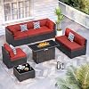 8 Piece Patio Furniture Set with 44 Fire Pit Table All-Weather Wicker Conversation Sectional Sofa & Coffee Table with Thickened Cushions for Backyard, GardenWine Red