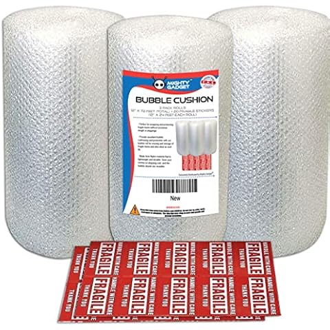 3 Pack Mighty Gadget Bubble Cushioning Wrap Rolls, Air Bubble, 12 Inch x 72 Feet Total, Perforated Every 12", 20 Bonus Fragile Stickers Included Cover
