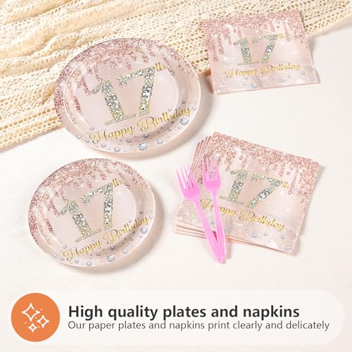 Image of Greencian 96 Rose Gold Glittery 17th Birthday Party Supplies Serves 24 | Rose Gold 17 Years Old Plates and Napkins Glittery 17th Birthday Tableware Set for Girls Seventeen Birthday Party Decorations