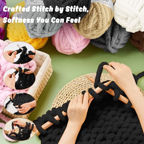 Image of Inhand Chunky Chenille Yarn for Hand Knitting,Thick Bulky Blanket Yarn for Crocheting,Soft Fluffy Yarn for Crochet Birthday Gifts for Men /Women /Beginners,18 Pack (29.5Yds /8.4oz Each),Jet Black