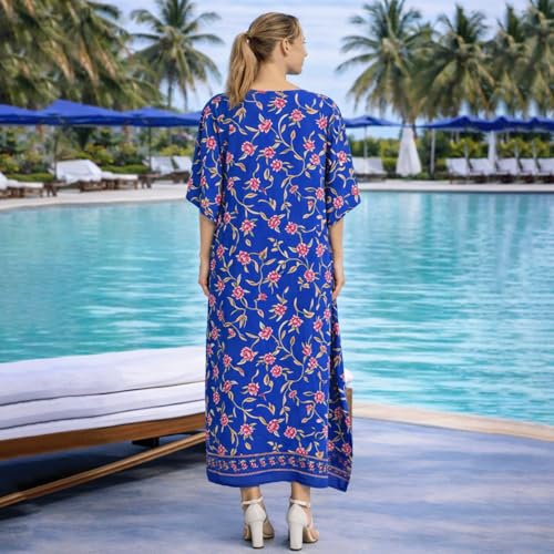 Image of Miss Lavish London Kaftan Dresses for Women Plus Size Long Batwing Sleeve Caftans, V Neck Moo Moo Printed Beach Cover Up Maxi Beach Dress, Bathing Suit Cover-Up Loungewear
