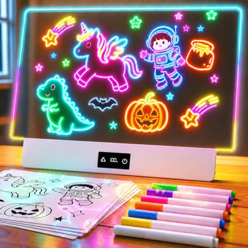 TAEMVV LED Drawing Board for Kids, 16-Inch Rechargeable Light Up Dry Erase Board with 8 Colors, 3 Dynamic Modes, 6-Level Dimmer, 15H Battery, Built-in Stand & Full Kit Clear Milky White
